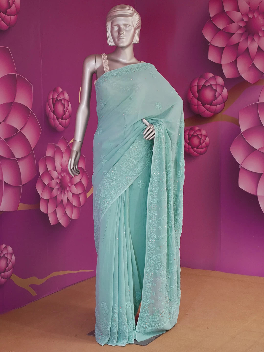 Ada Hand Embroidered Green Viscose Georgette Lucknowi Chikankari Saree With Blouse And Muqaish Work 01A467026