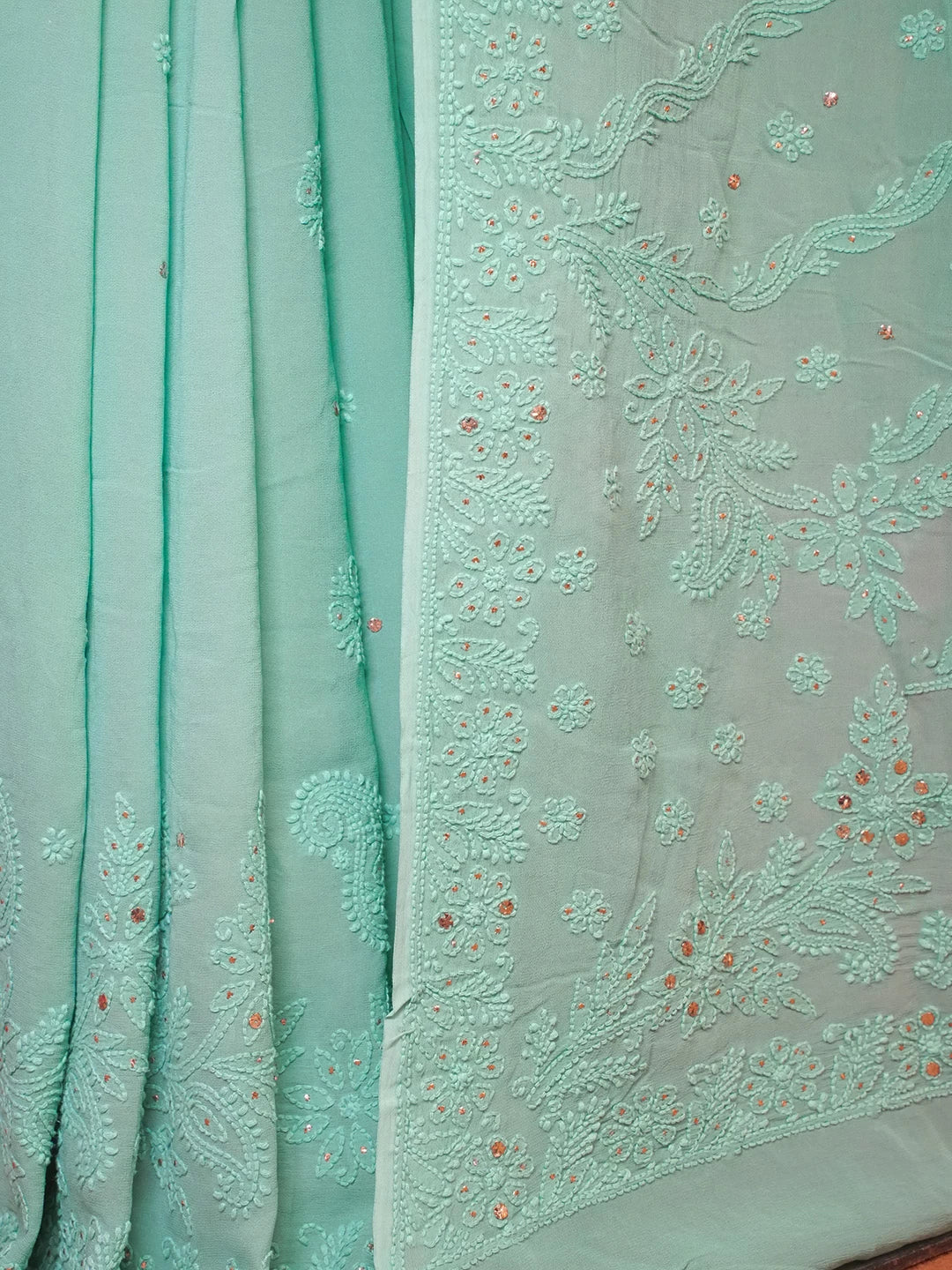 Ada Hand Embroidered Green Viscose Georgette Lucknowi Chikankari Saree With Blouse And Muqaish Work 01A467026