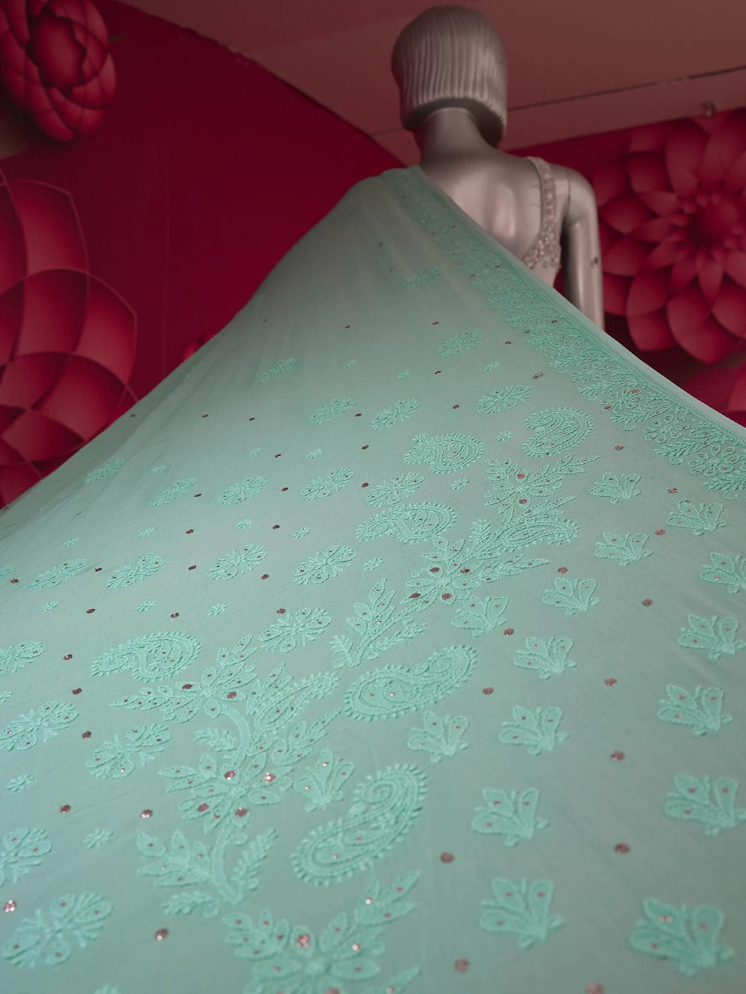 Ada Hand Embroidered Green Viscose Georgette Lucknowi Chikankari Saree With Blouse And Muqaish Work 01A467026