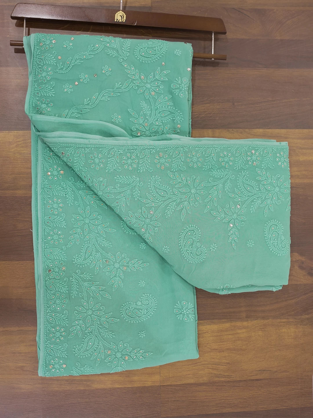 Ada Hand Embroidered Green Viscose Georgette Lucknowi Chikankari Saree With Blouse And Muqaish Work 01A467026