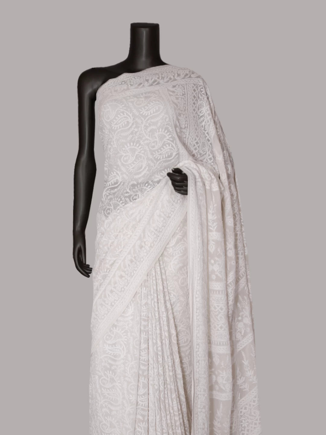 Ada Hand Embroidered Off White Pure Georgette Lucknowi Chikankari Saree With Blouse 01A395436