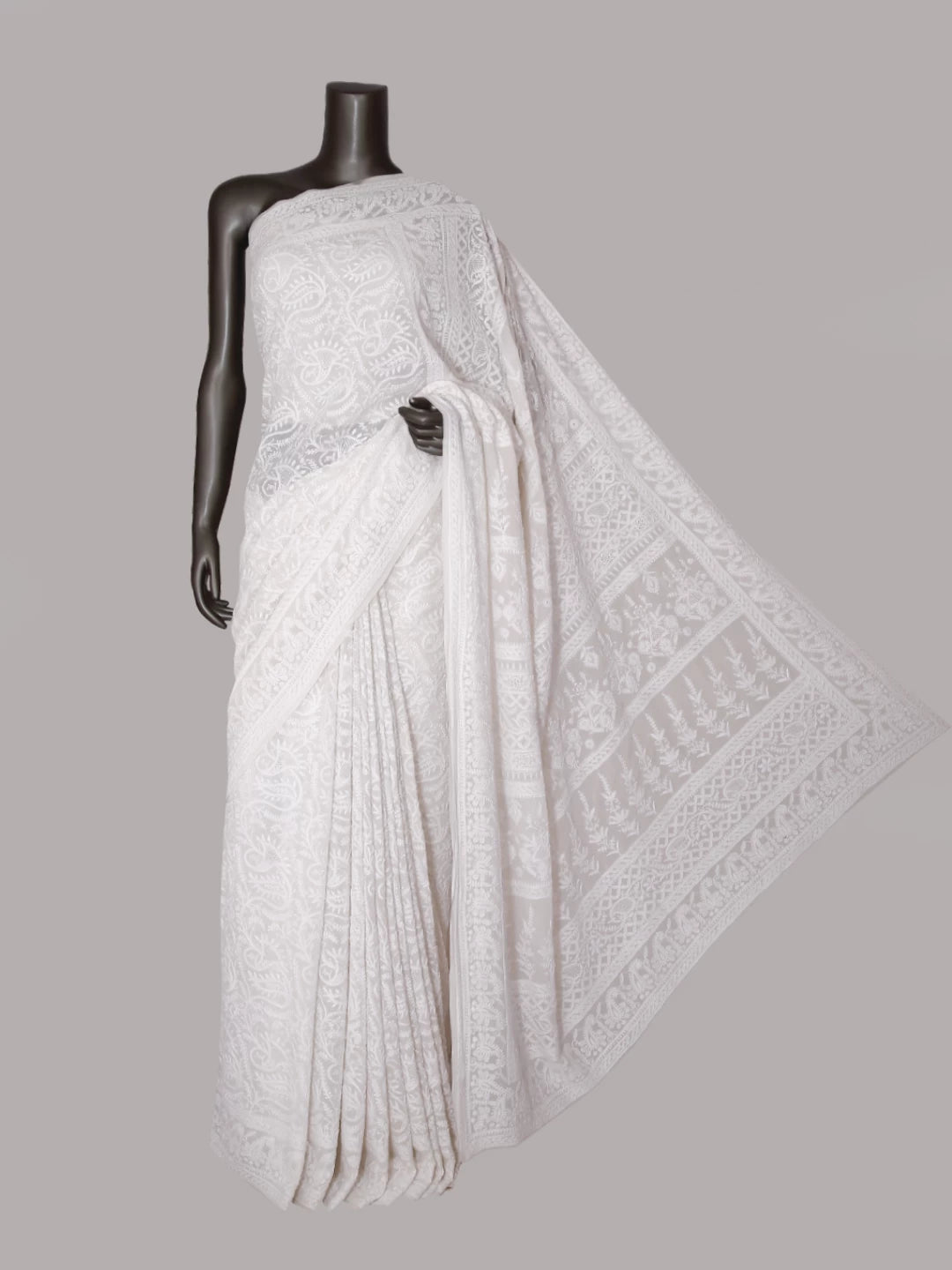 Ada Hand Embroidered Off White Pure Georgette Lucknowi Chikankari Saree With Blouse 01A395436