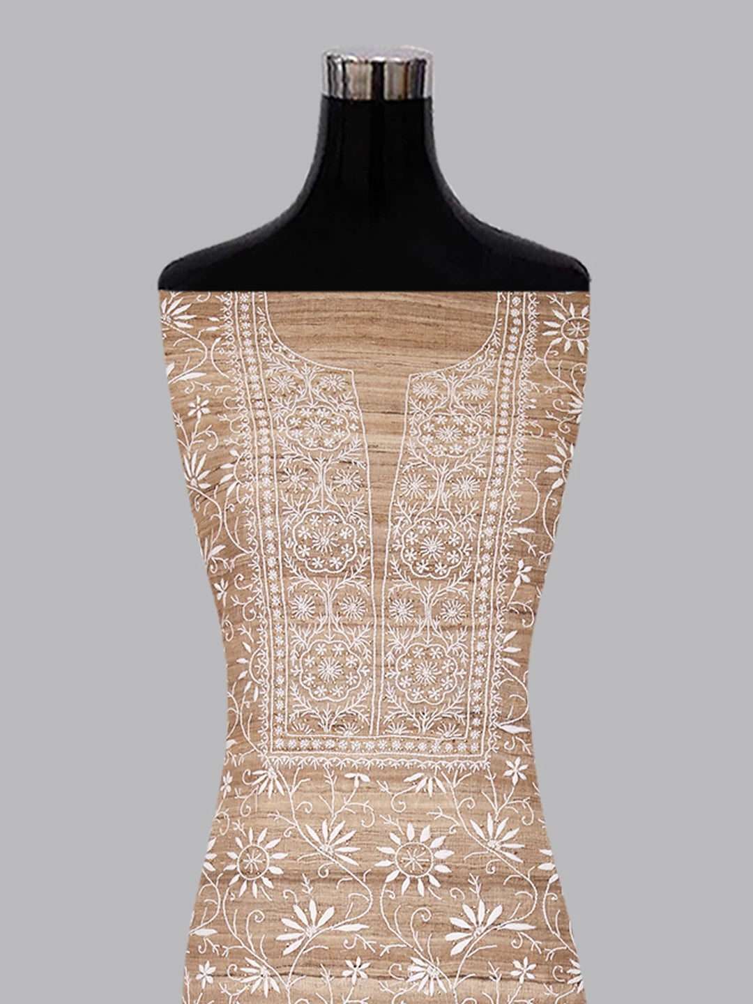 Ada Hand Embroidered Natural Fawn Ghicha Silk Lucknowi Chikankari Unstitched Kurta Piece With Mukaish Work 01A414472