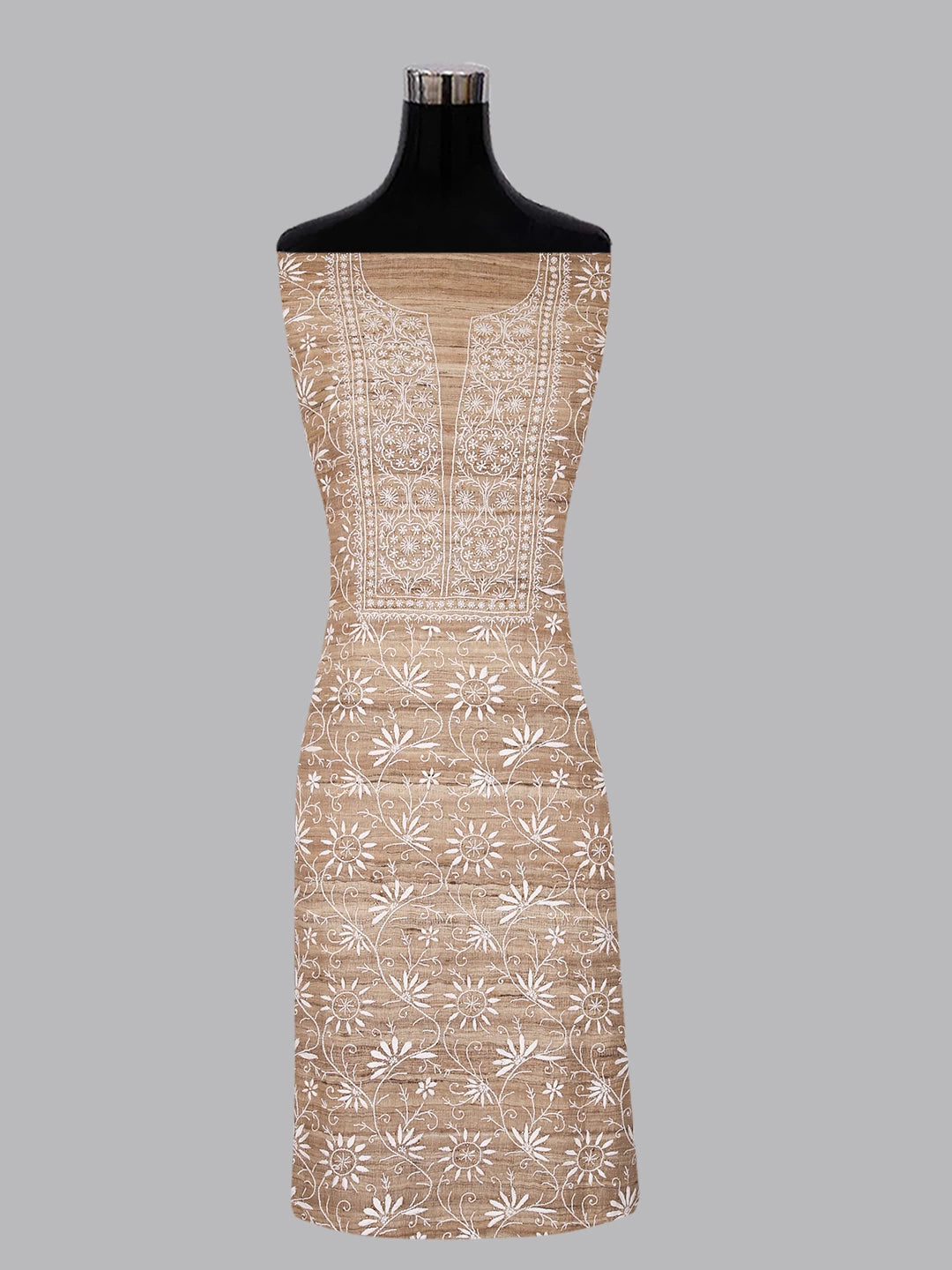 Ada Hand Embroidered Natural Fawn Ghicha Silk Lucknowi Chikankari Unstitched Kurta Piece With Mukaish Work 01A414472