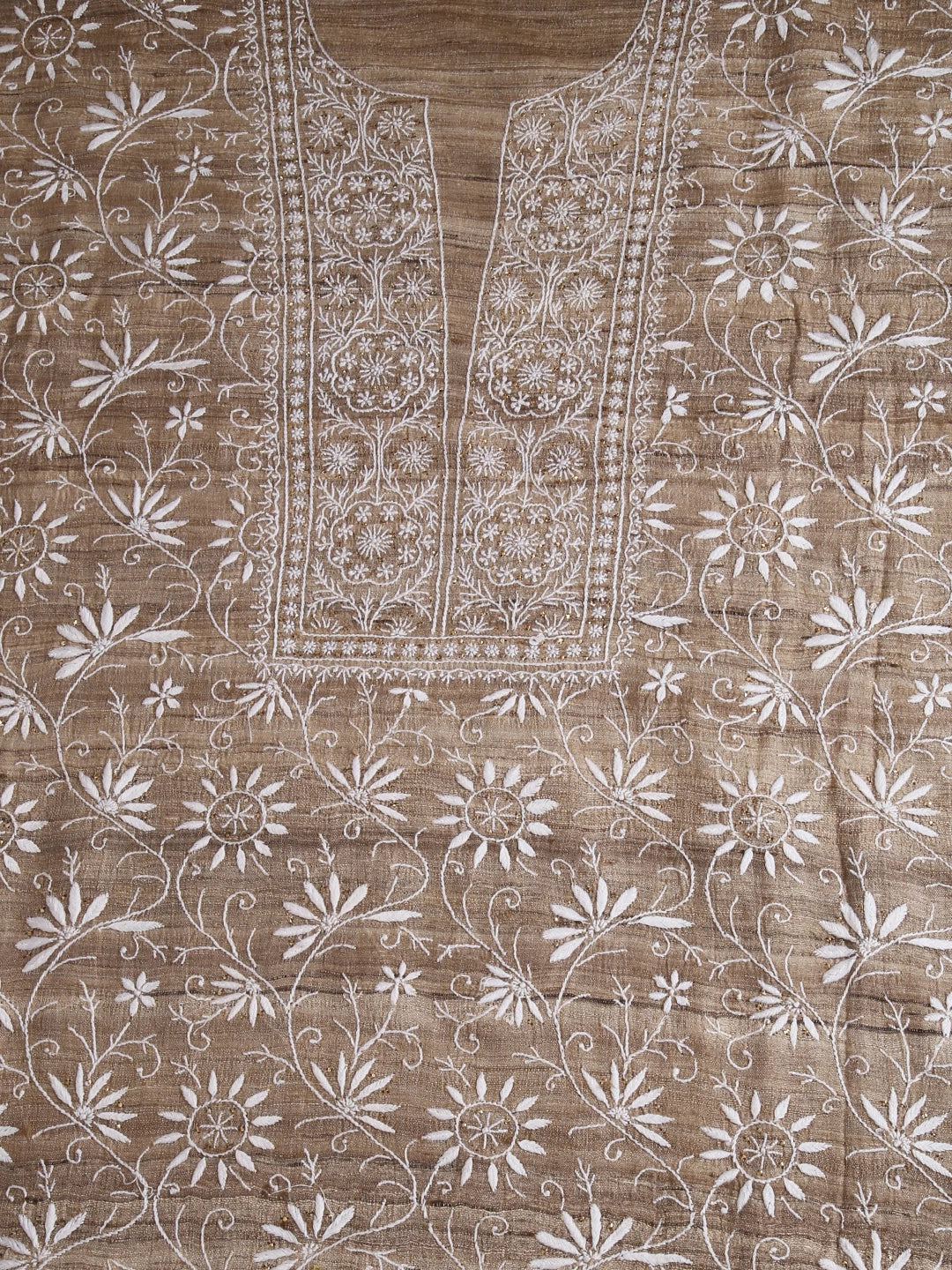 Ada Hand Embroidered Natural Fawn Ghicha Silk Lucknowi Chikankari Unstitched Kurta Piece With Mukaish Work 01A414472