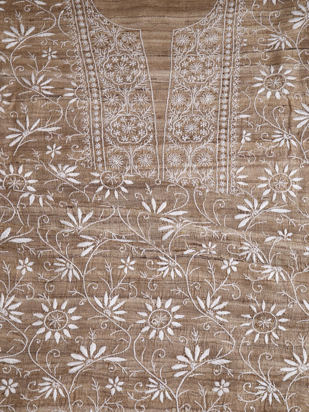 Ada Hand Embroidered Natural Fawn Ghicha Silk Lucknowi Chikankari Unstitched Kurta Piece With Mukaish Work 01A414472