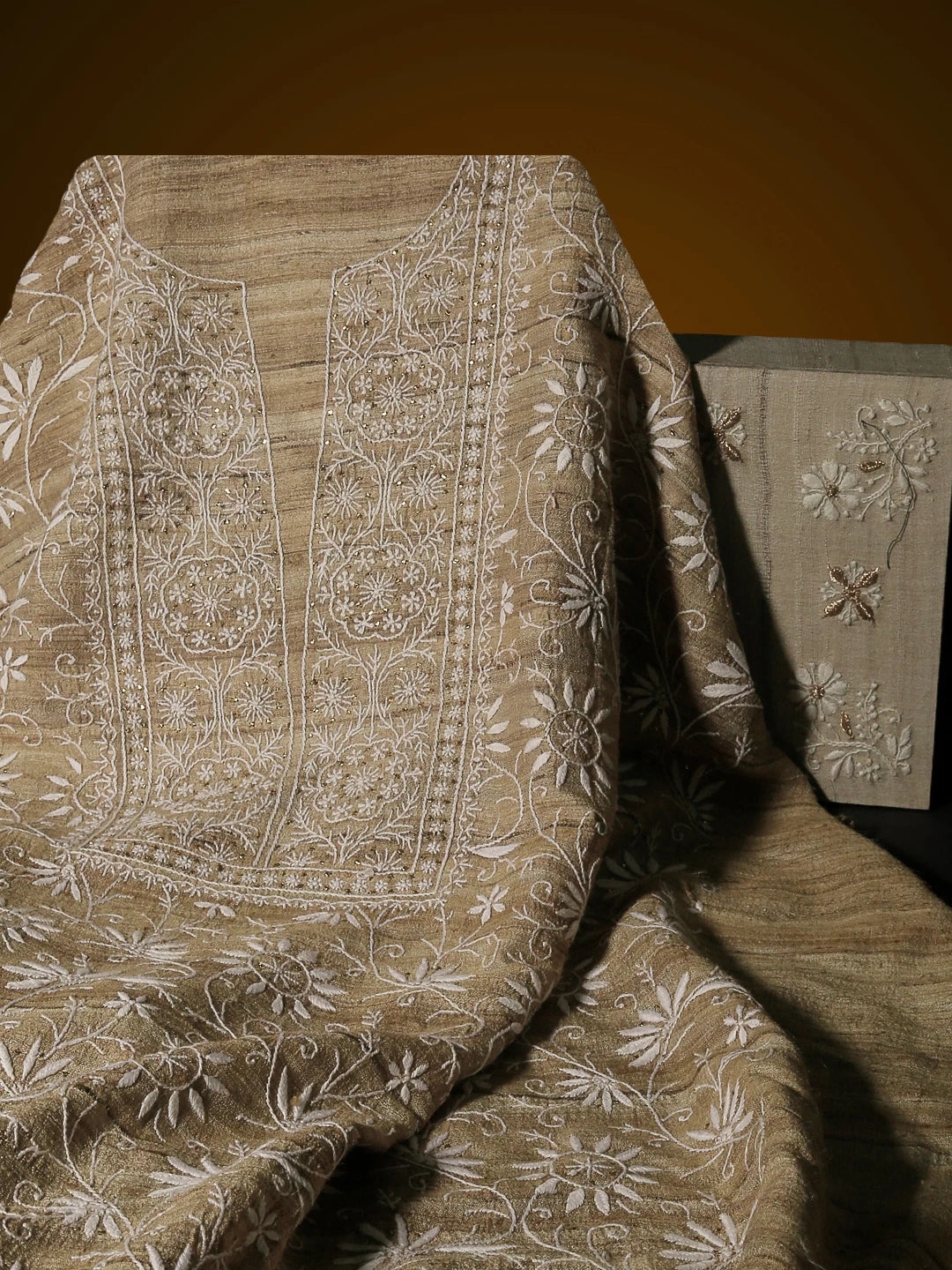 Ada Hand Embroidered Natural Fawn Ghicha Silk Lucknowi Chikankari Unstitched Kurta Piece With Mukaish Work 01A414472