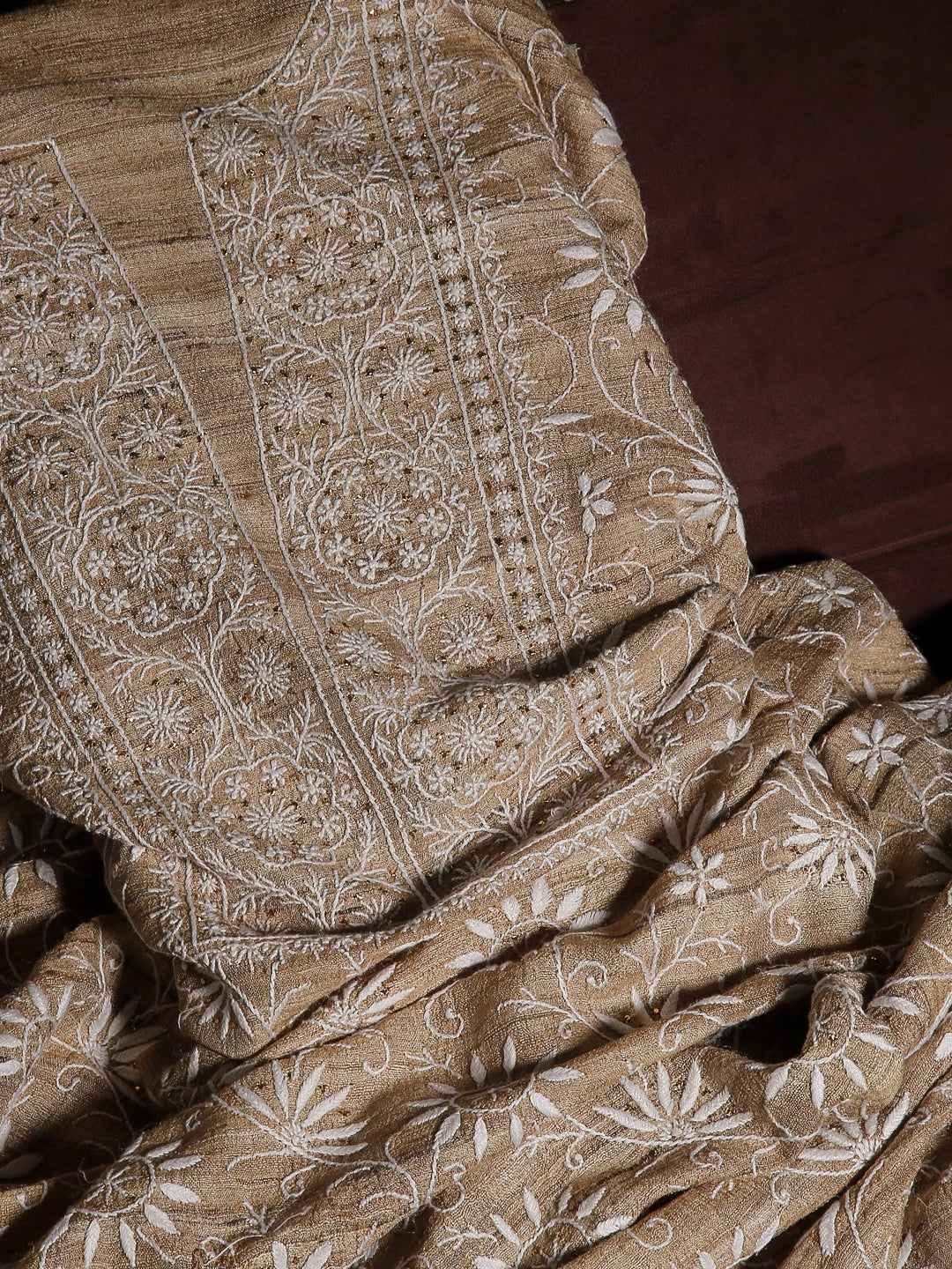 Ada Hand Embroidered Natural Fawn Ghicha Silk Lucknowi Chikankari Unstitched Kurta Piece With Mukaish Work 01A414472