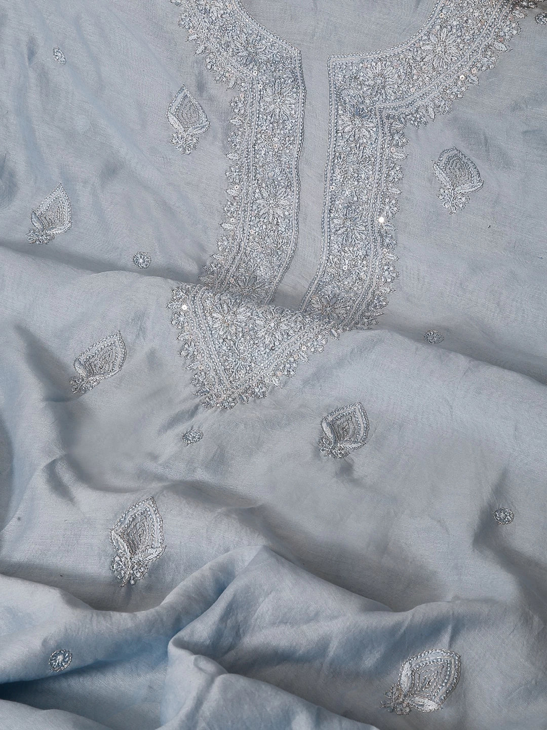 Ada Hand Embroidered Blue Chanderi Lucknowi Chikankari Unstitched Men's Kurta Piece With Zari Work 01A474841