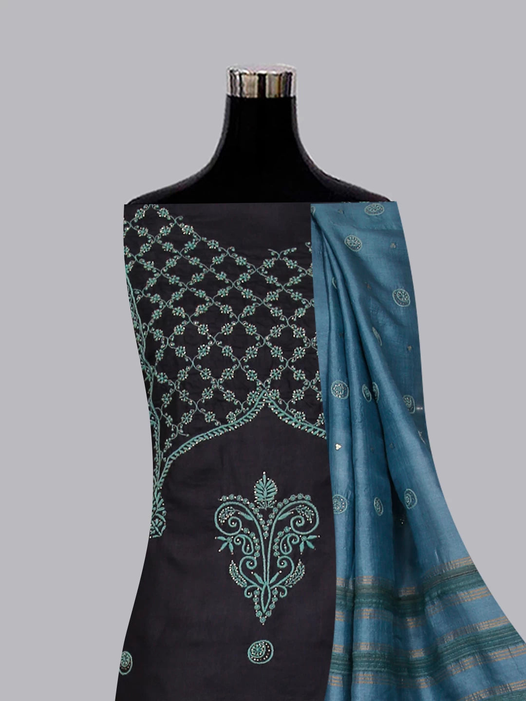 Ada Hand Embroidered Midnight Blue Silk Lucknowi Chikankari Unstitched Suit Piece With Mukaish Work 01A338943