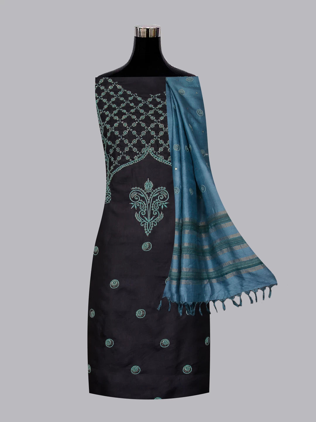 Ada Hand Embroidered Midnight Blue Silk Lucknowi Chikankari Unstitched Suit Piece With Mukaish Work 01A338943