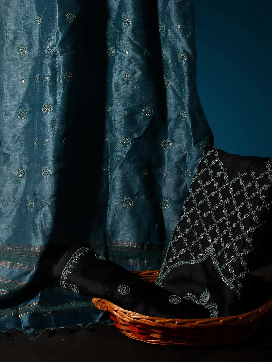 Ada Hand Embroidered Midnight Blue Silk Lucknowi Chikankari Unstitched Suit Piece With Mukaish Work 01A338943