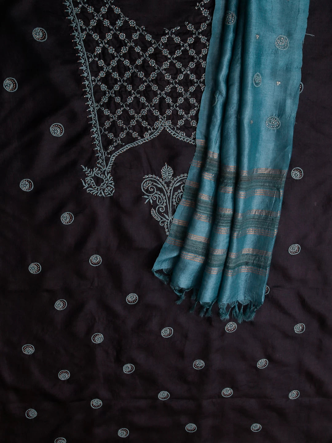 Ada Hand Embroidered Midnight Blue Silk Lucknowi Chikankari Unstitched Suit Piece With Mukaish Work 01A338943