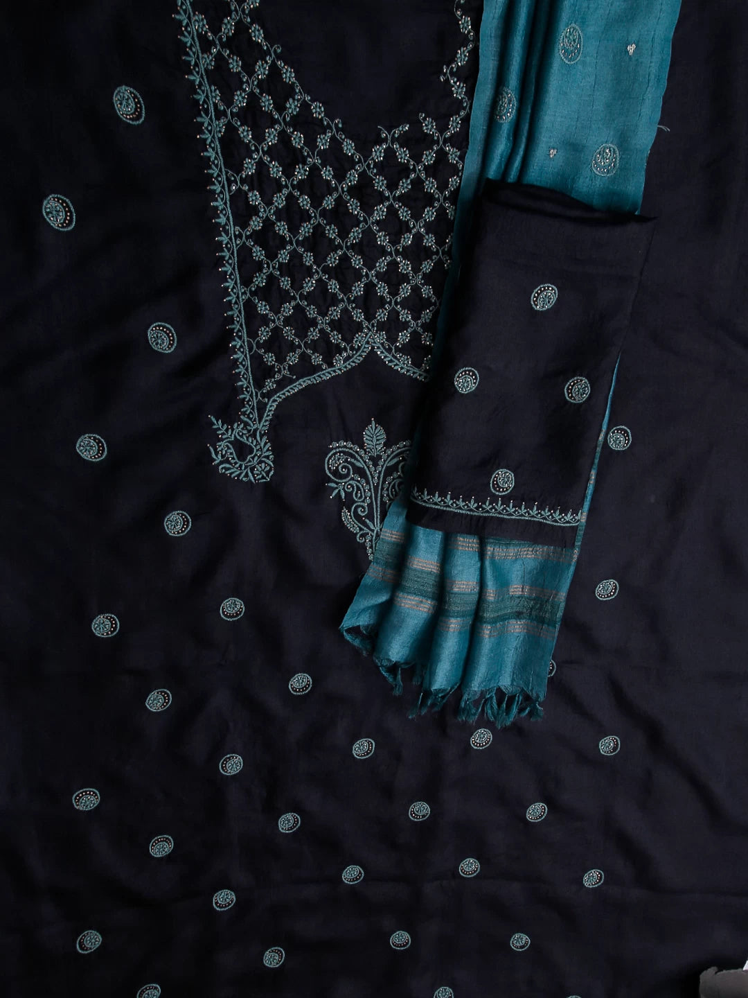 Ada Hand Embroidered Midnight Blue Silk Lucknowi Chikankari Unstitched Suit Piece With Mukaish Work 01A338943