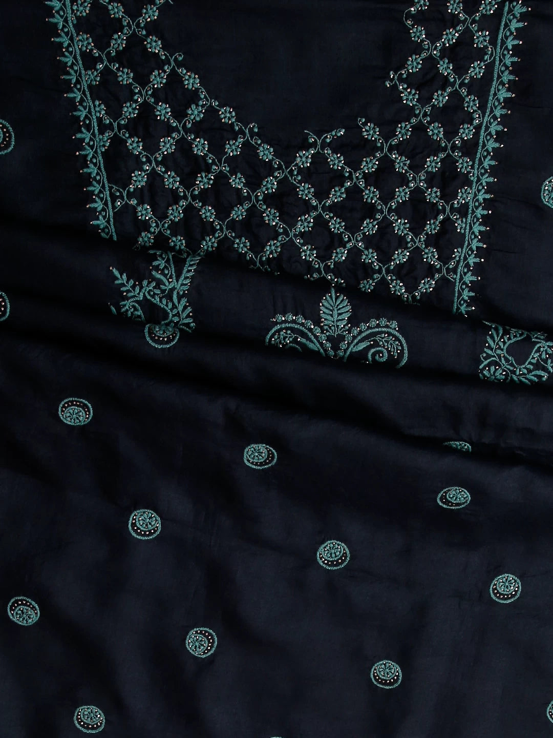 Ada Hand Embroidered Midnight Blue Silk Lucknowi Chikankari Unstitched Suit Piece With Mukaish Work 01A338943
