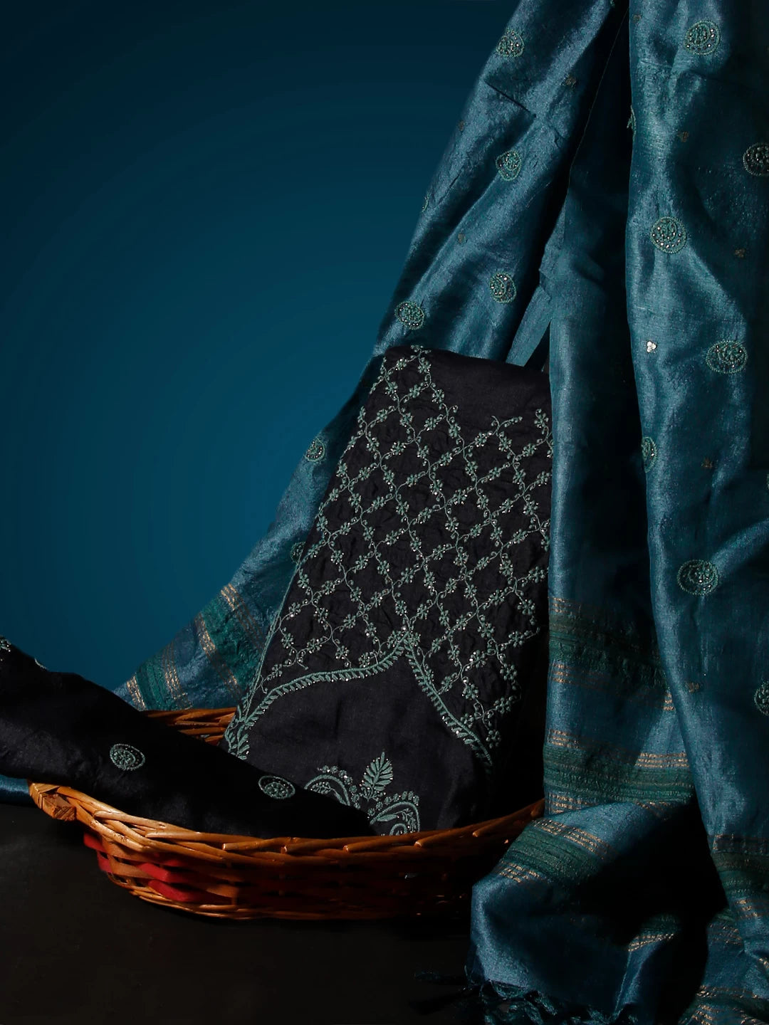 Ada Hand Embroidered Midnight Blue Silk Lucknowi Chikankari Unstitched Suit Piece With Mukaish Work 01A338943