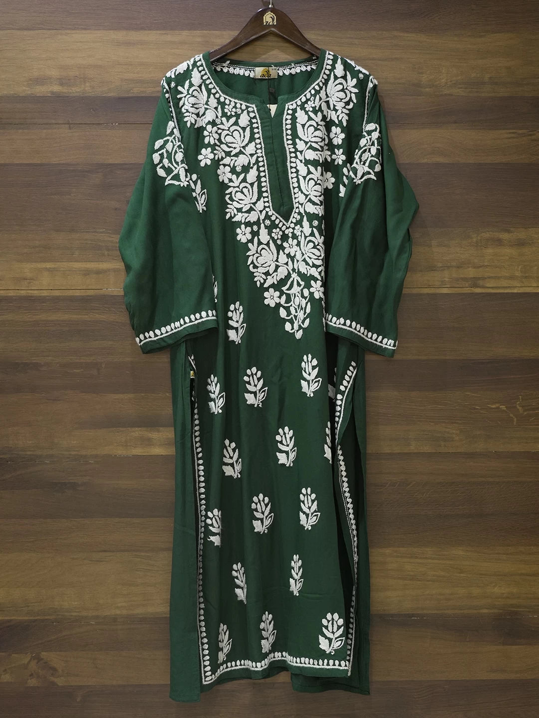 Ada Hand Embroidered Bottle Green Rayon Lucknowi Chikankari Straight Kurta A411547