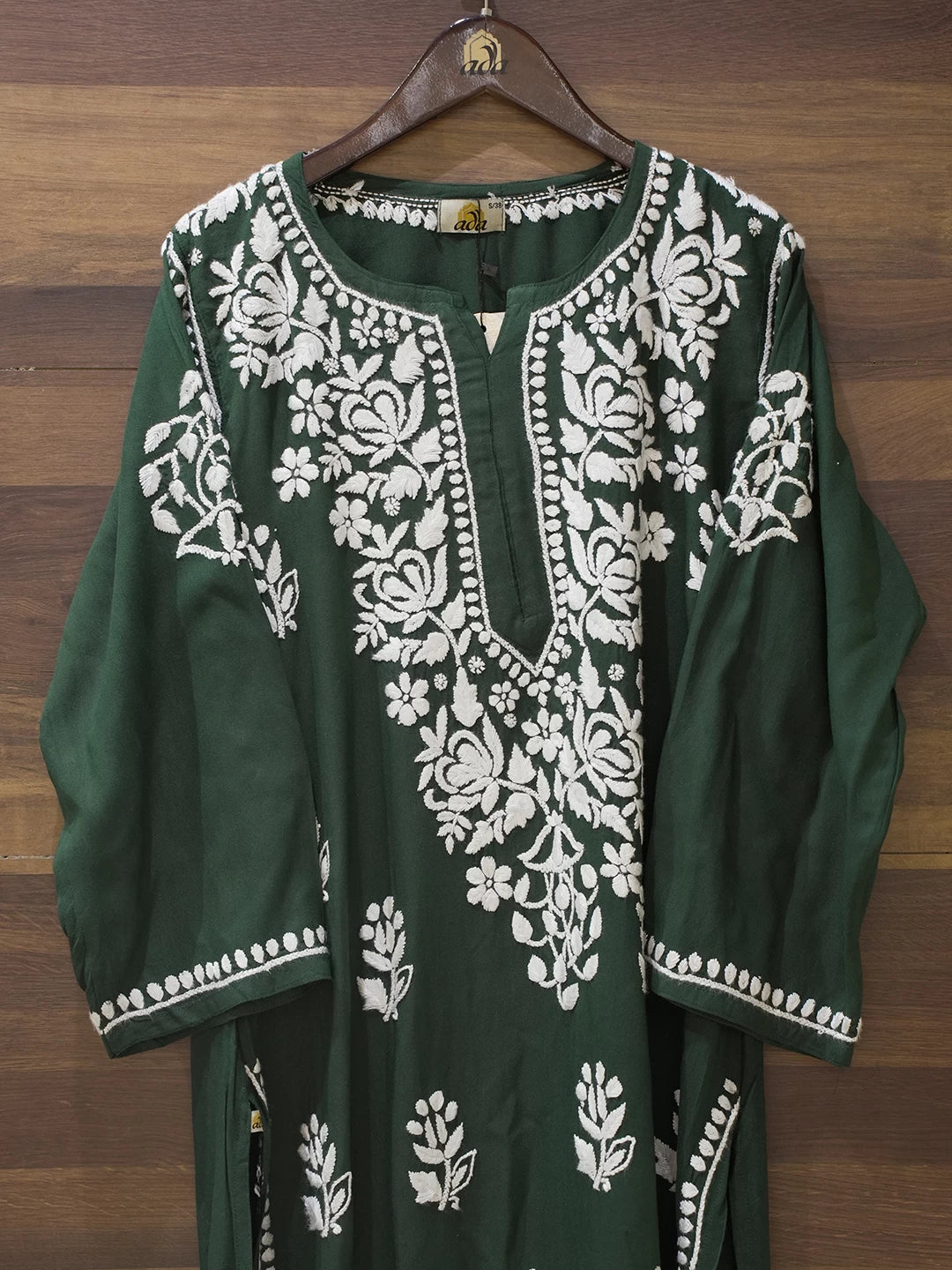 Ada Hand Embroidered Bottle Green Rayon Lucknowi Chikankari Straight Kurta A411547