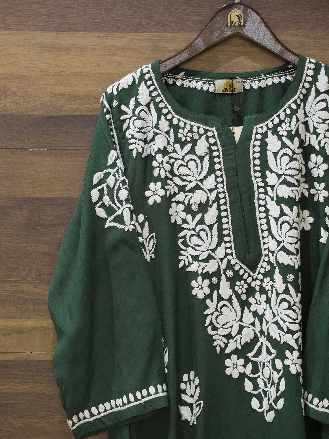 Ada Hand Embroidered Bottle Green Rayon Lucknowi Chikankari Straight Kurta A411547