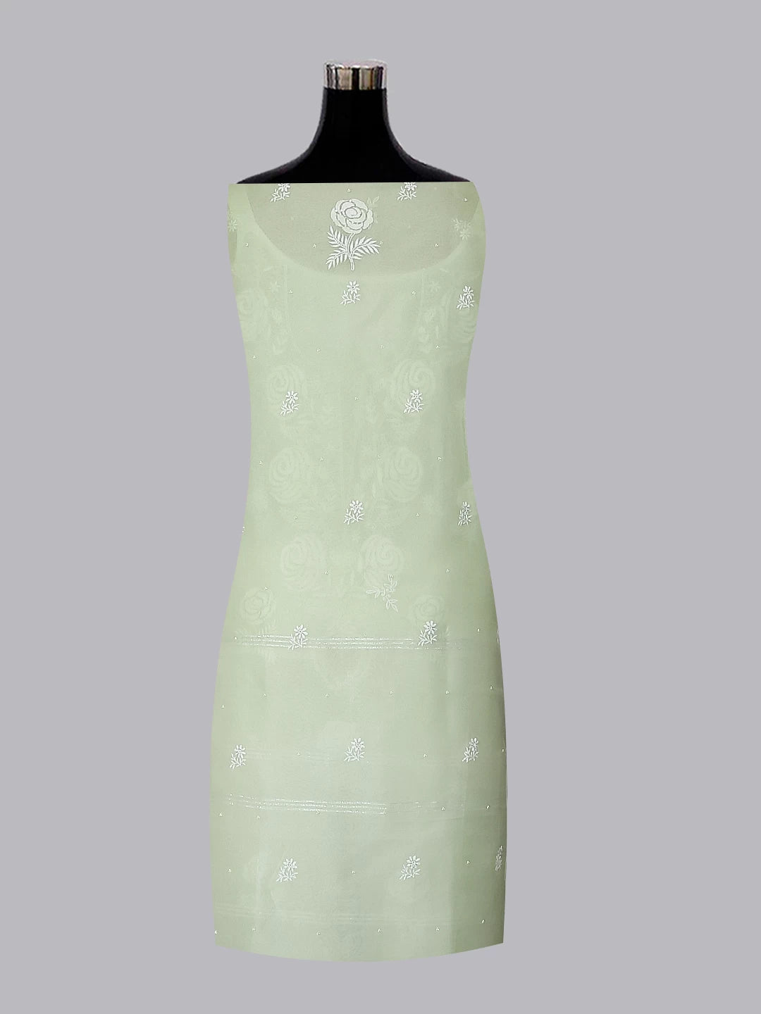 Ada Hand Embroidered Tea Green Organza Lucknowi Chikankari Unstitched Kurta Dupatta Set With Pearl Work 01A463927