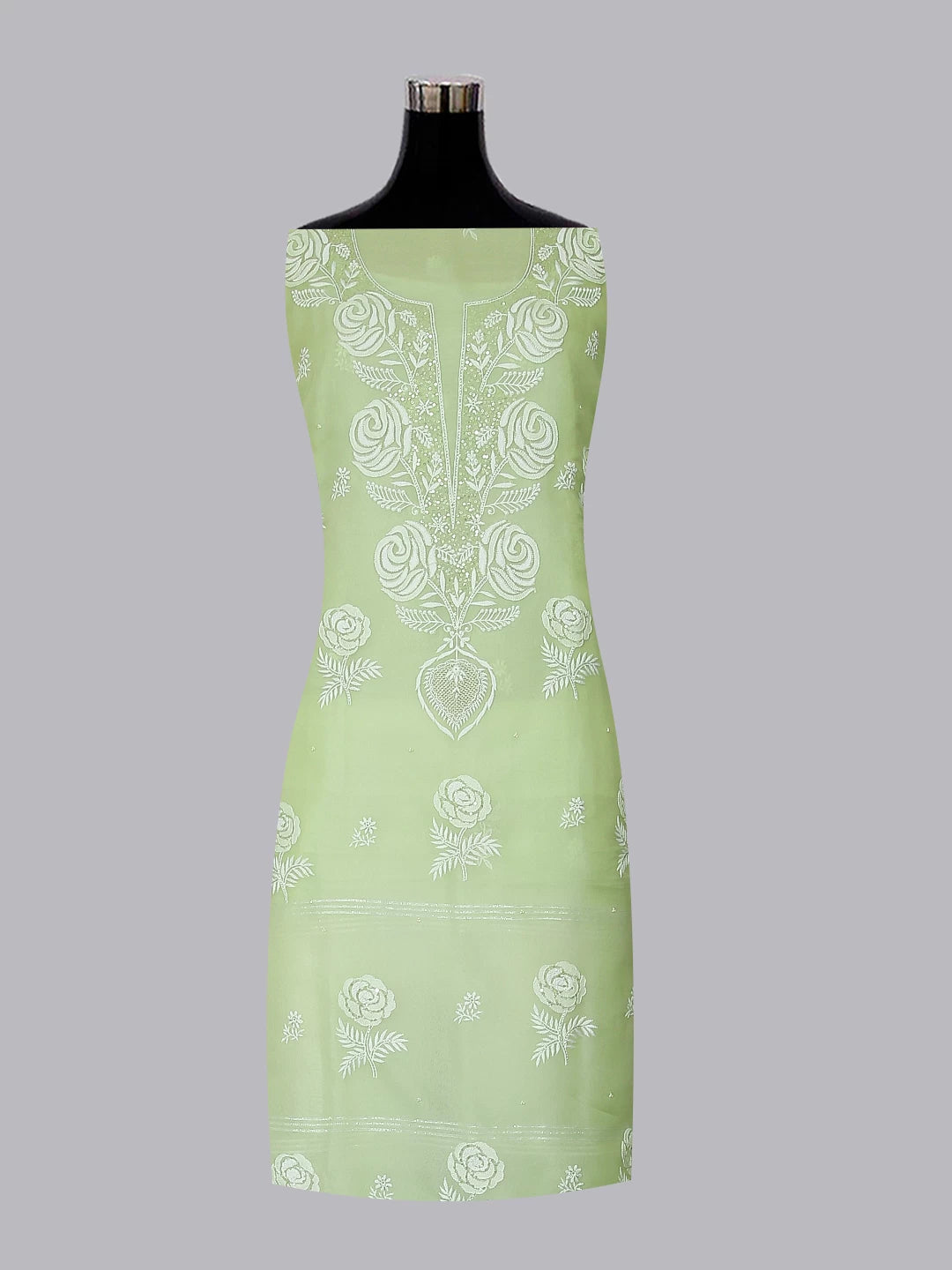 Ada Hand Embroidered Tea Green Organza Lucknowi Chikankari Unstitched Kurta Dupatta Set With Pearl Work 01A463927