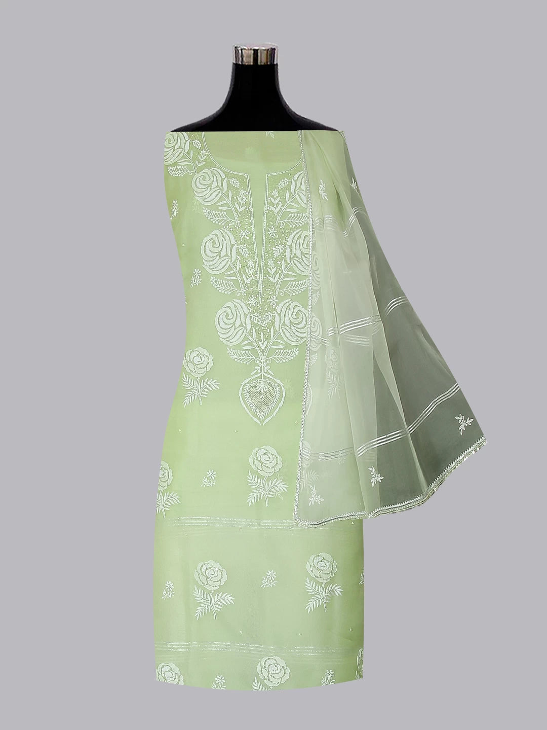 Ada Hand Embroidered Tea Green Organza Lucknowi Chikankari Unstitched Kurta Dupatta Set With Pearl Work 01A463927