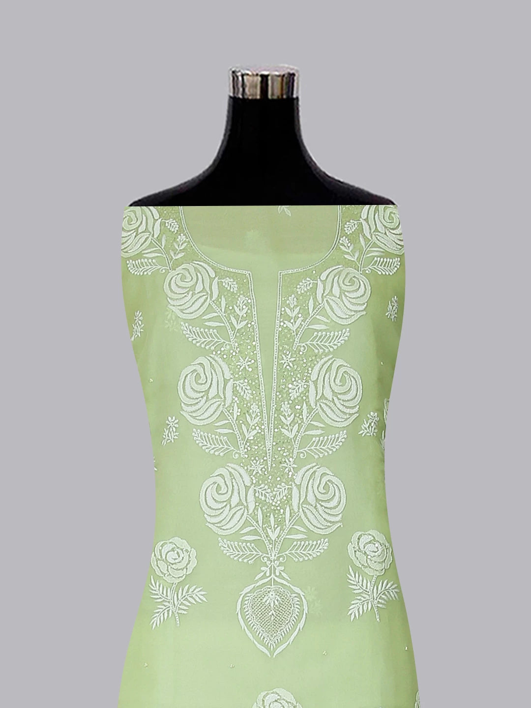 Ada Hand Embroidered Tea Green Organza Lucknowi Chikankari Unstitched Kurta Dupatta Set With Pearl Work 01A463927