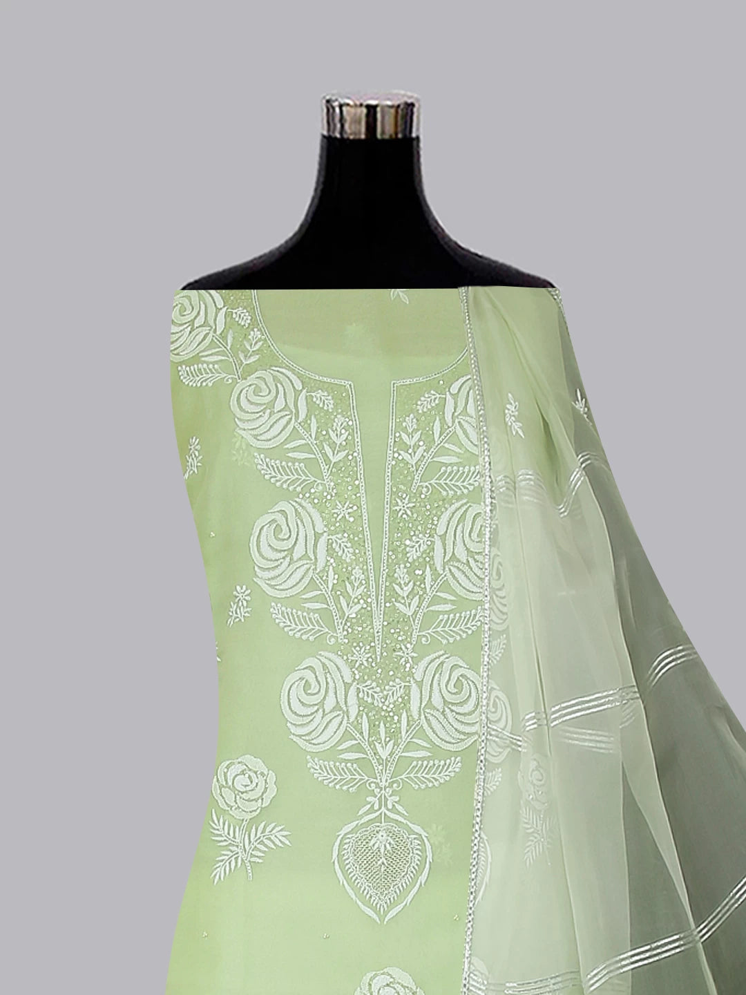 Ada Hand Embroidered Tea Green Organza Lucknowi Chikankari Unstitched Kurta Dupatta Set With Pearl Work 01A463927