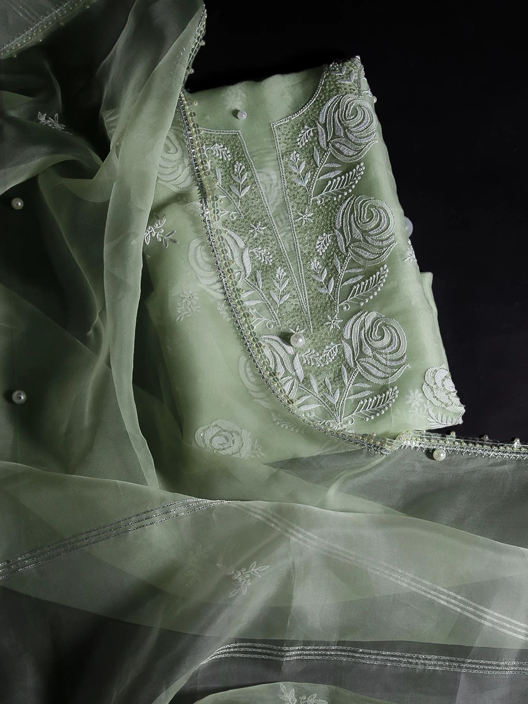 Ada Hand Embroidered Tea Green Organza Lucknowi Chikankari Unstitched Kurta Dupatta Set With Pearl Work 01A463927