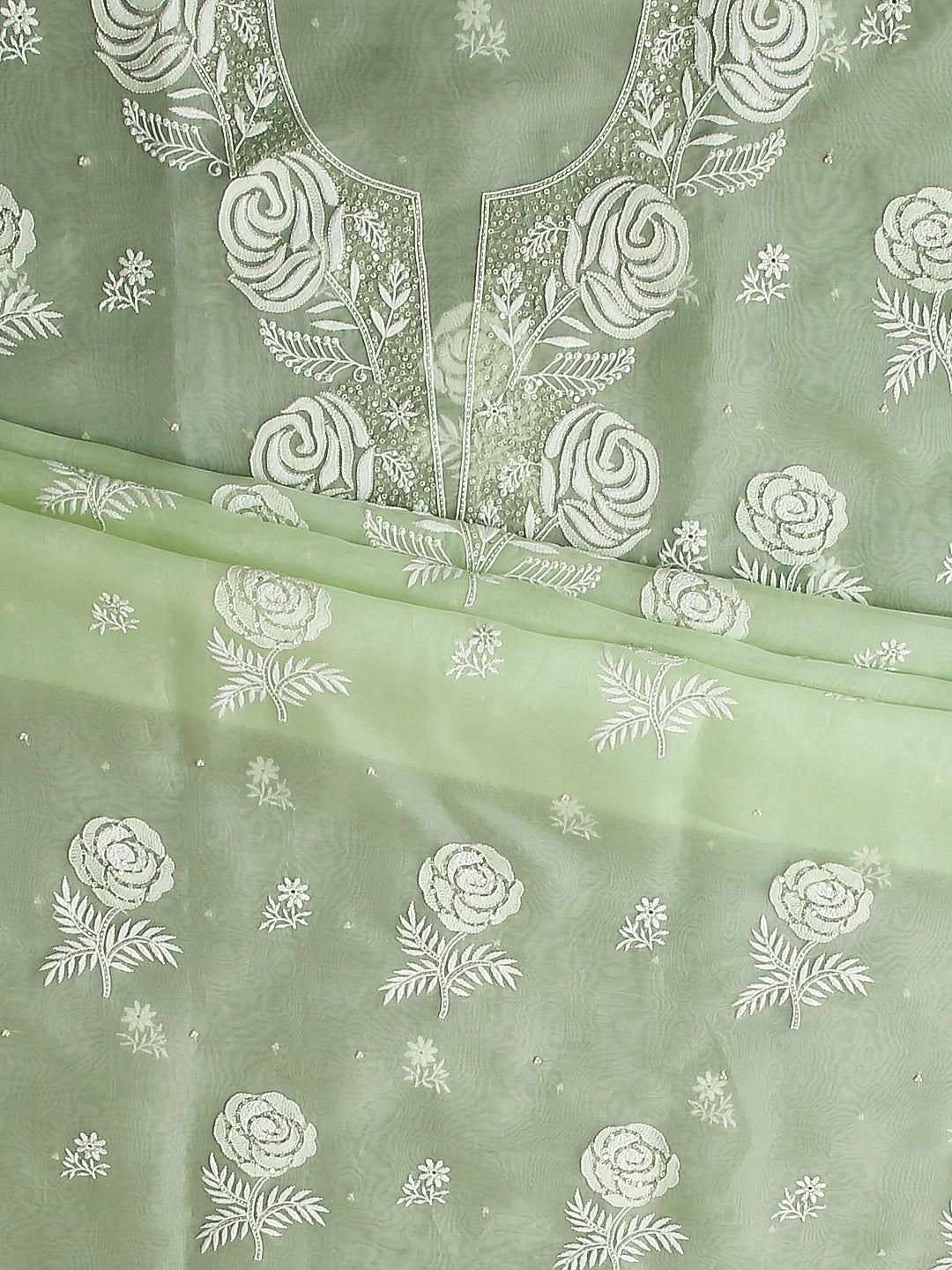 Ada Hand Embroidered Tea Green Organza Lucknowi Chikankari Unstitched Kurta Dupatta Set With Pearl Work 01A463927
