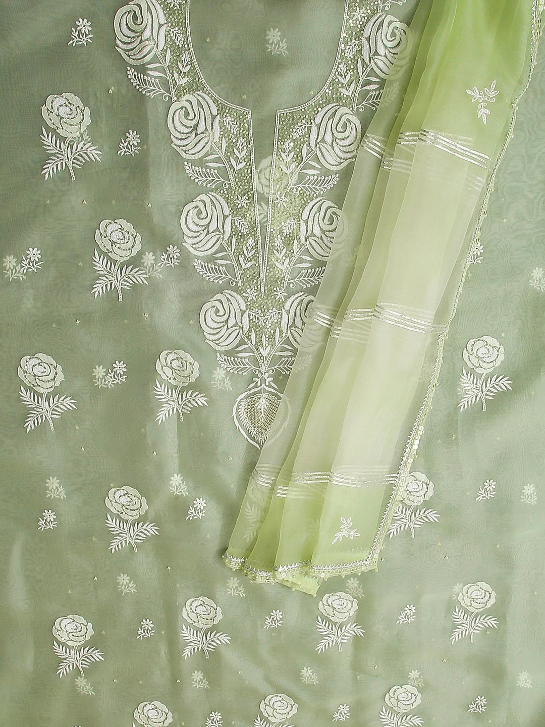 Ada Hand Embroidered Tea Green Organza Lucknowi Chikankari Unstitched Kurta Dupatta Set With Pearl Work 01A463927