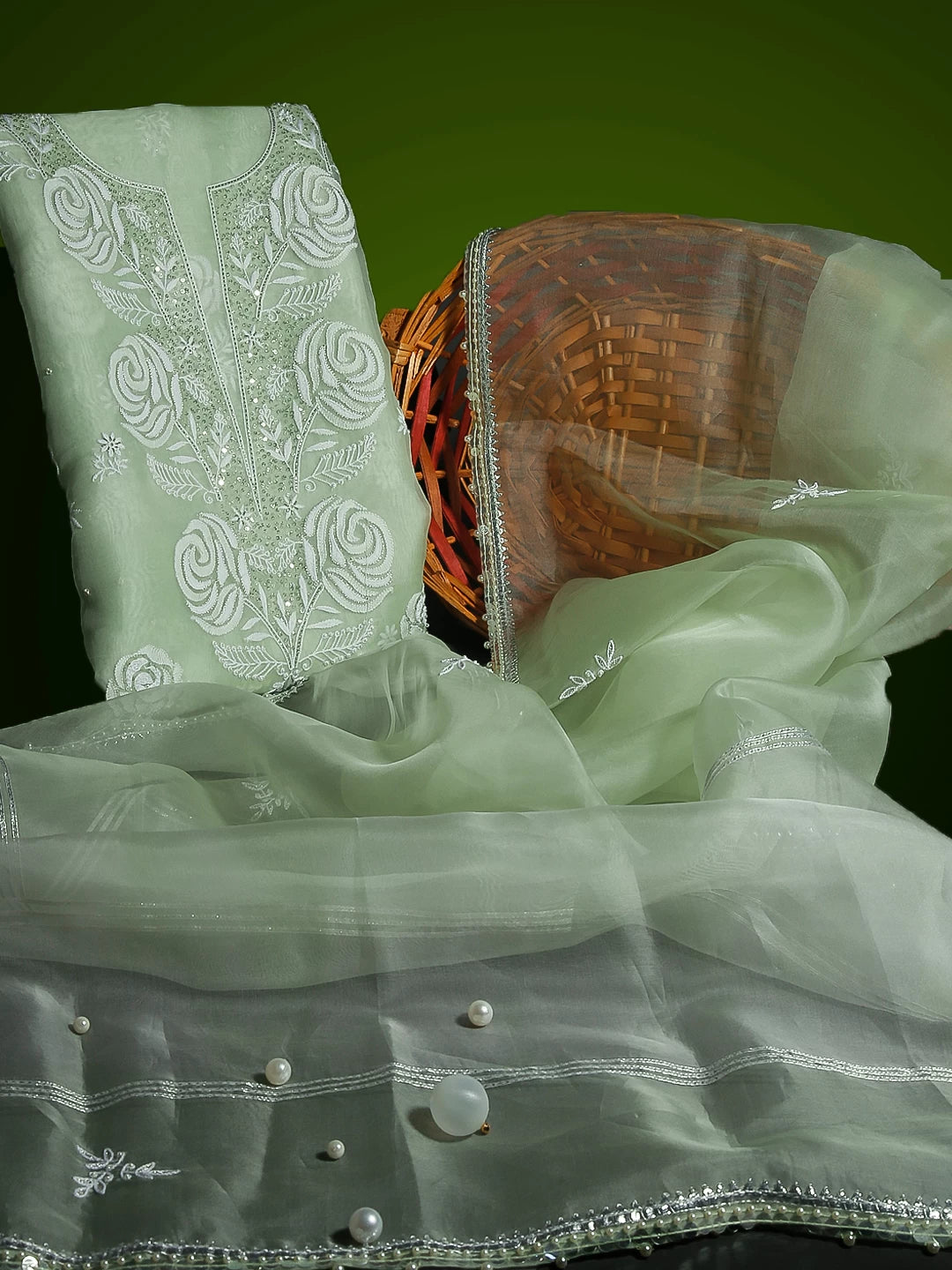 Ada Hand Embroidered Tea Green Organza Lucknowi Chikankari Unstitched Kurta Dupatta Set With Pearl Work 01A463927