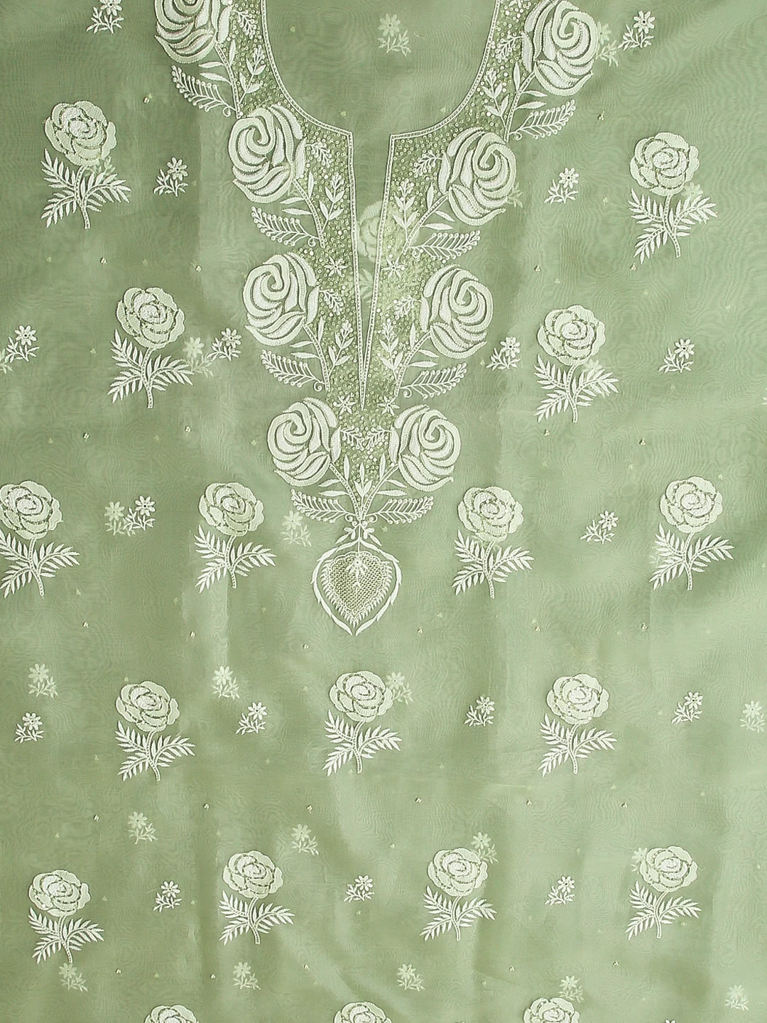 Ada Hand Embroidered Tea Green Organza Lucknowi Chikankari Unstitched Kurta Dupatta Set With Pearl Work 01A463927