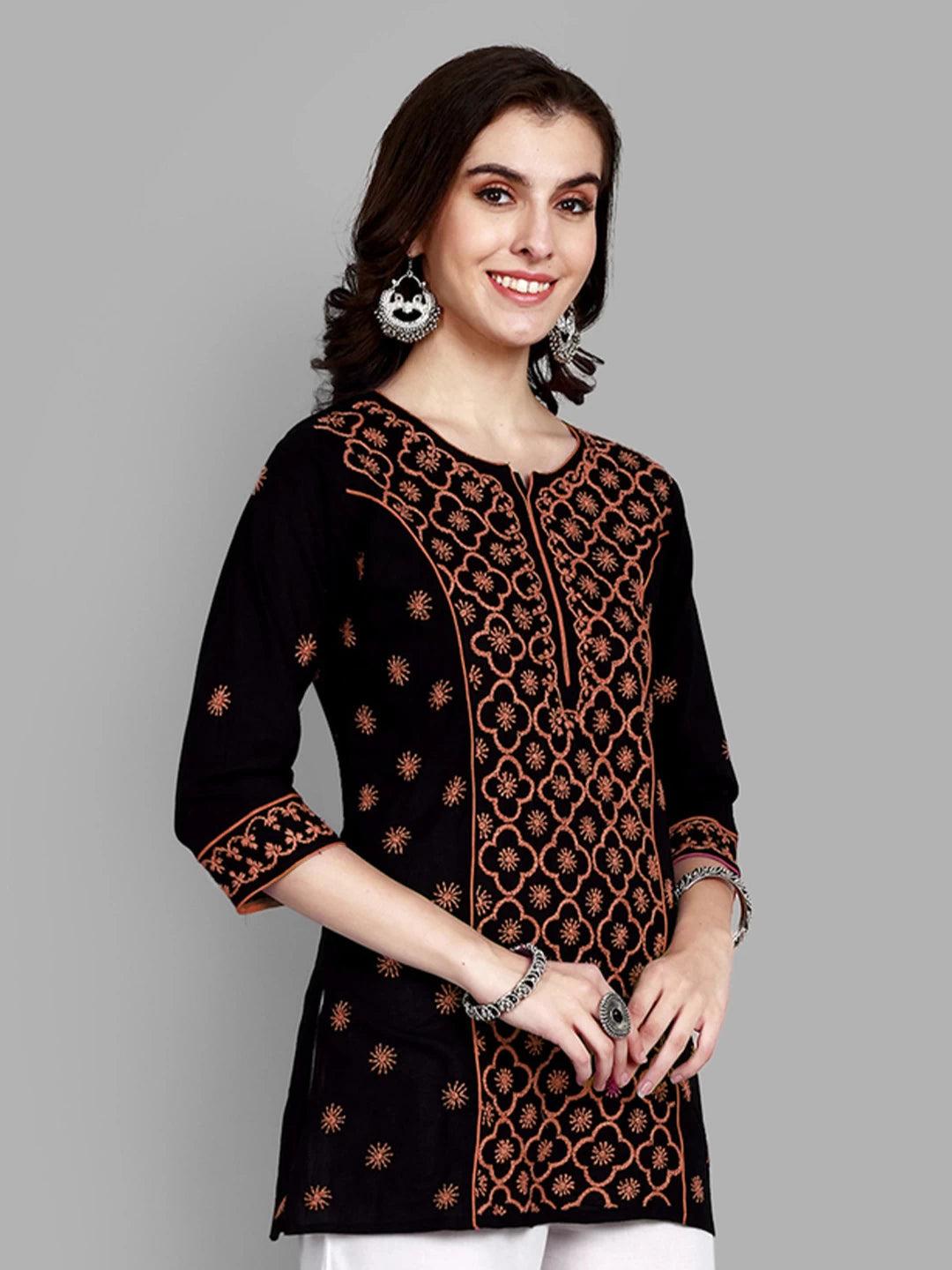 Ada Hand Embroidered Black Cotton Lucknowi Chikankari Straight Kurti A911384