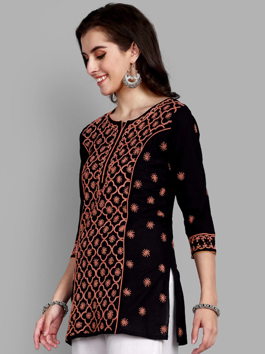 Ada Hand Embroidered Black Cotton Lucknowi Chikankari Straight Kurti A911384