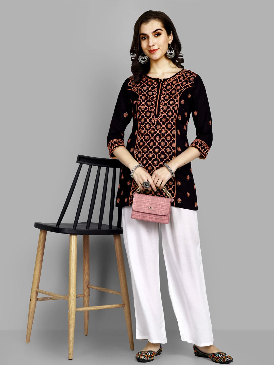 Ada Hand Embroidered Black Cotton Lucknowi Chikankari Straight Kurti A911384