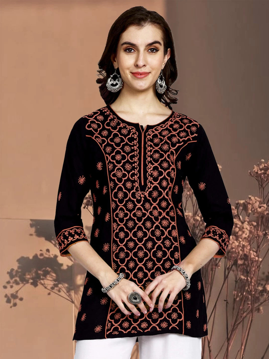 Ada Hand Embroidered Black Cotton Lucknowi Chikankari Straight Kurti A911384