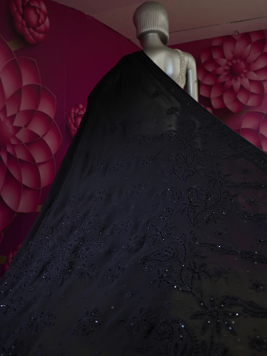 Ada Hand Embroidered Black Viscose Georgette Lucknowi Chikankari Saree With Blouse And Cutdana Work 01A454399