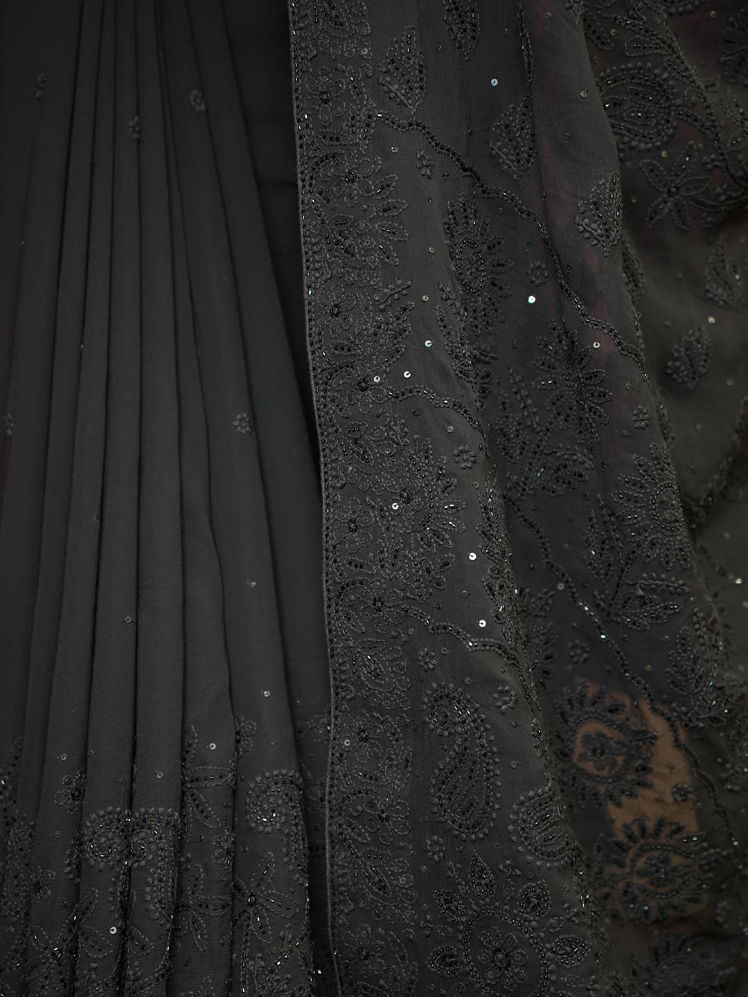 Ada Hand Embroidered Black Viscose Georgette Lucknowi Chikankari Saree With Blouse And Cutdana Work 01A454399
