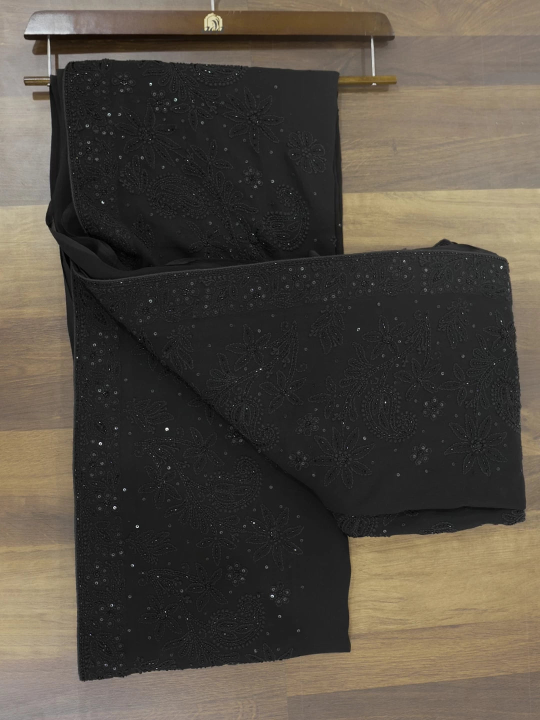 Ada Hand Embroidered Black Viscose Georgette Lucknowi Chikankari Saree With Blouse And Cutdana Work 01A454399