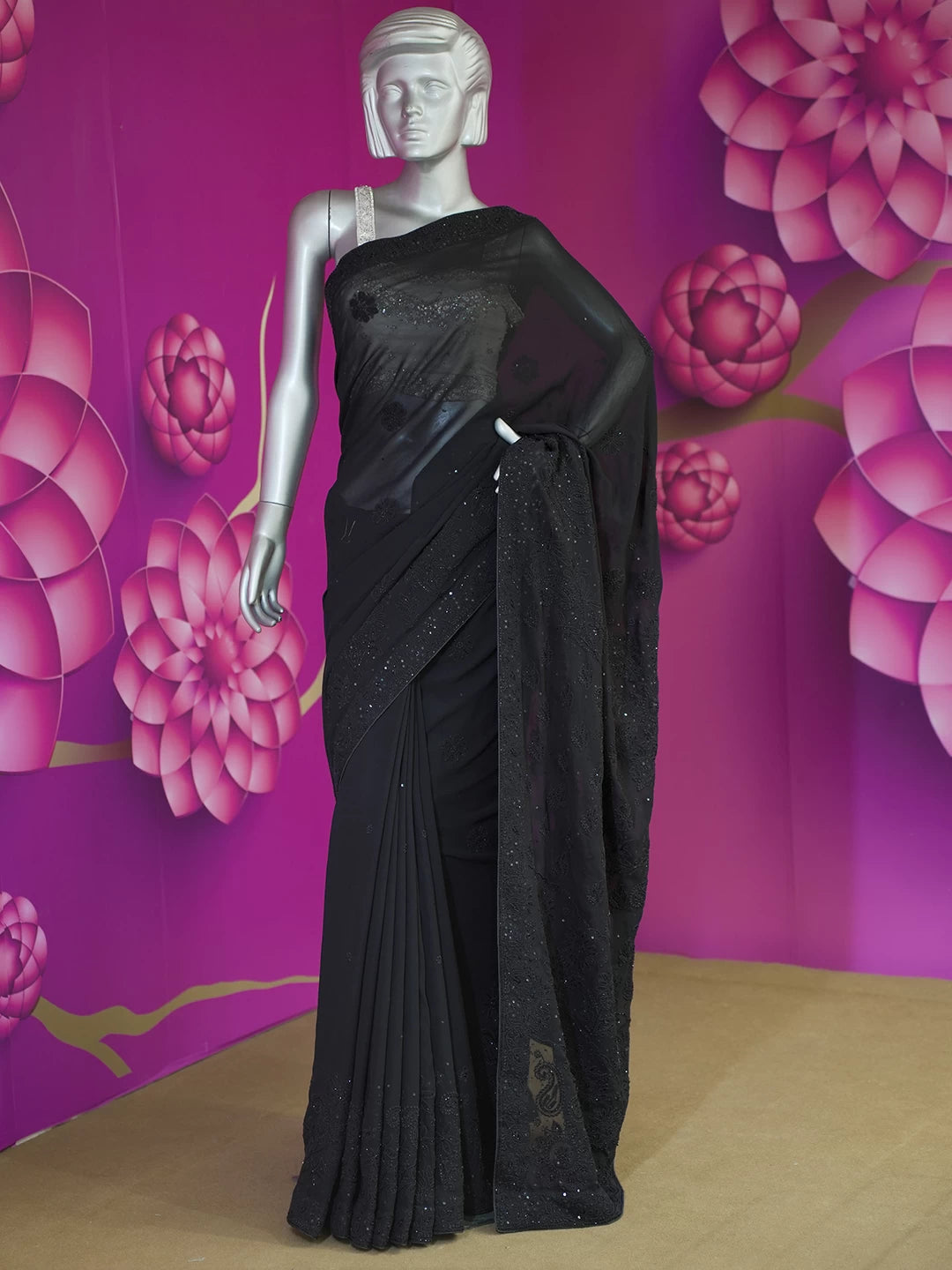 Ada Hand Embroidered Black Viscose Georgette Lucknowi Chikankari Saree With Blouse And Cutdana Work 01A454399