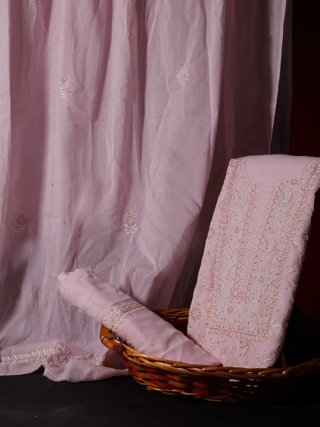Ada Hand Embroidered Baby Pink Mul Cotton Lucknowi Chikankari Unstitched Suit Piece With Cutdana Work 01A359721