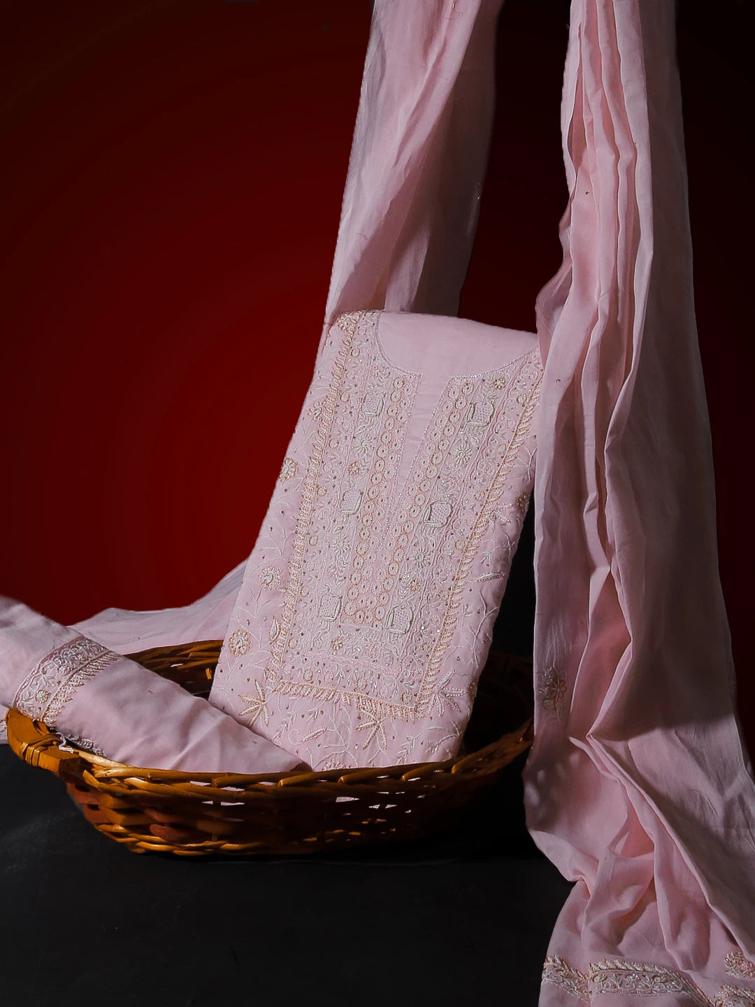 Ada Hand Embroidered Baby Pink Mul Cotton Lucknowi Chikankari Unstitched Suit Piece With Cutdana Work 01A359721