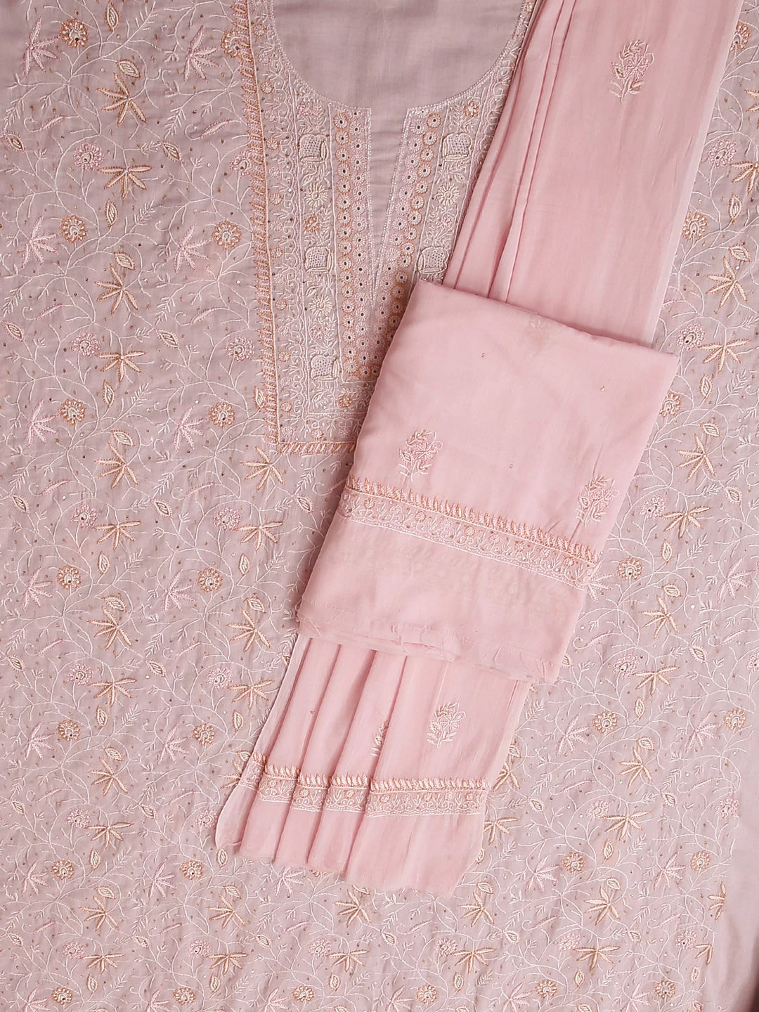 Ada Hand Embroidered Baby Pink Mul Cotton Lucknowi Chikankari Unstitched Suit Piece With Cutdana Work 01A359721