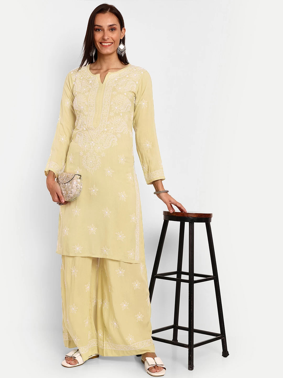 Ada Hand Embroidered Lemon Modal Lucknowi Chikankari Co-Ord Set A811234