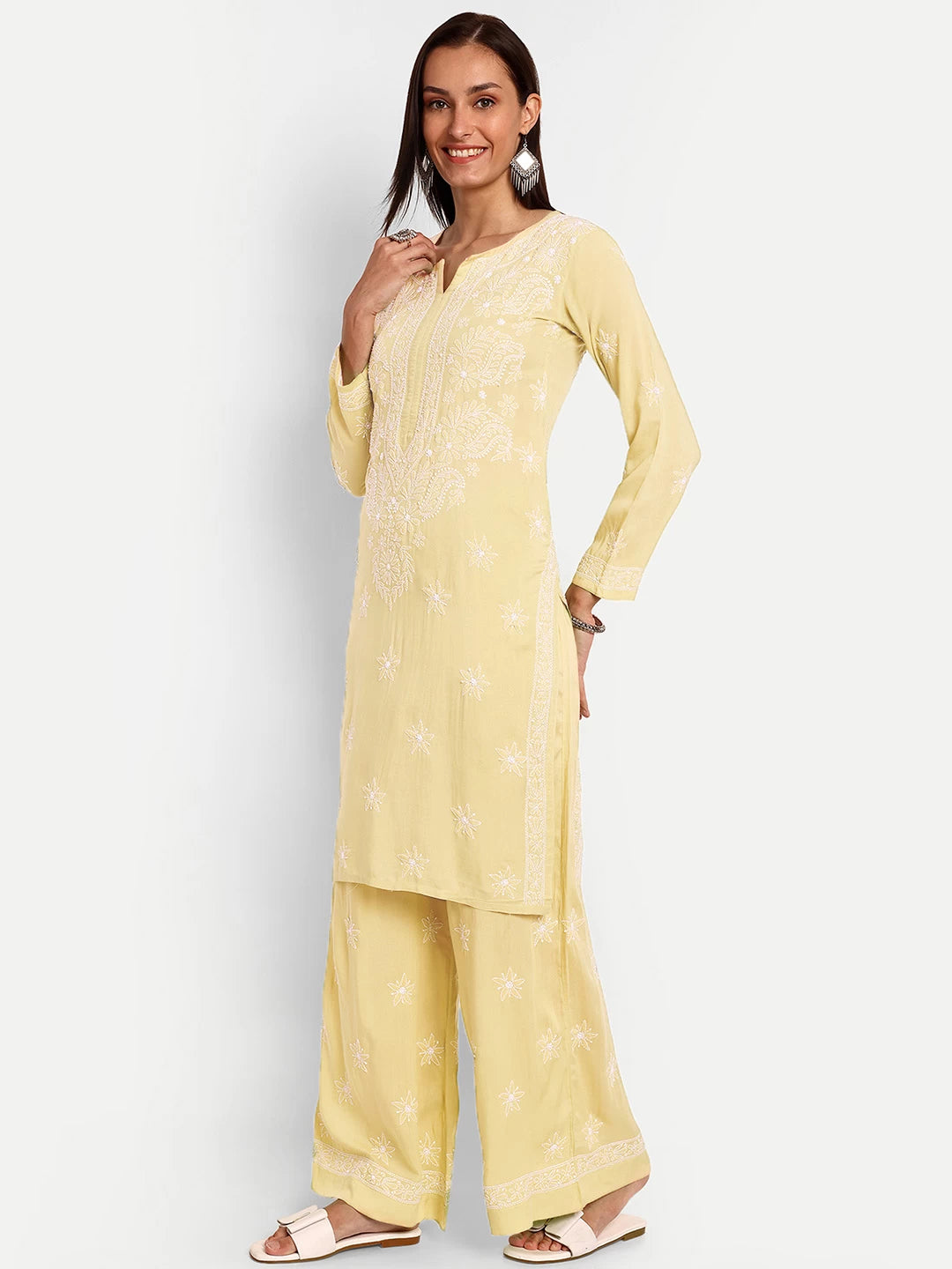 Ada Hand Embroidered Lemon Modal Lucknowi Chikankari Co-Ord Set A811234
