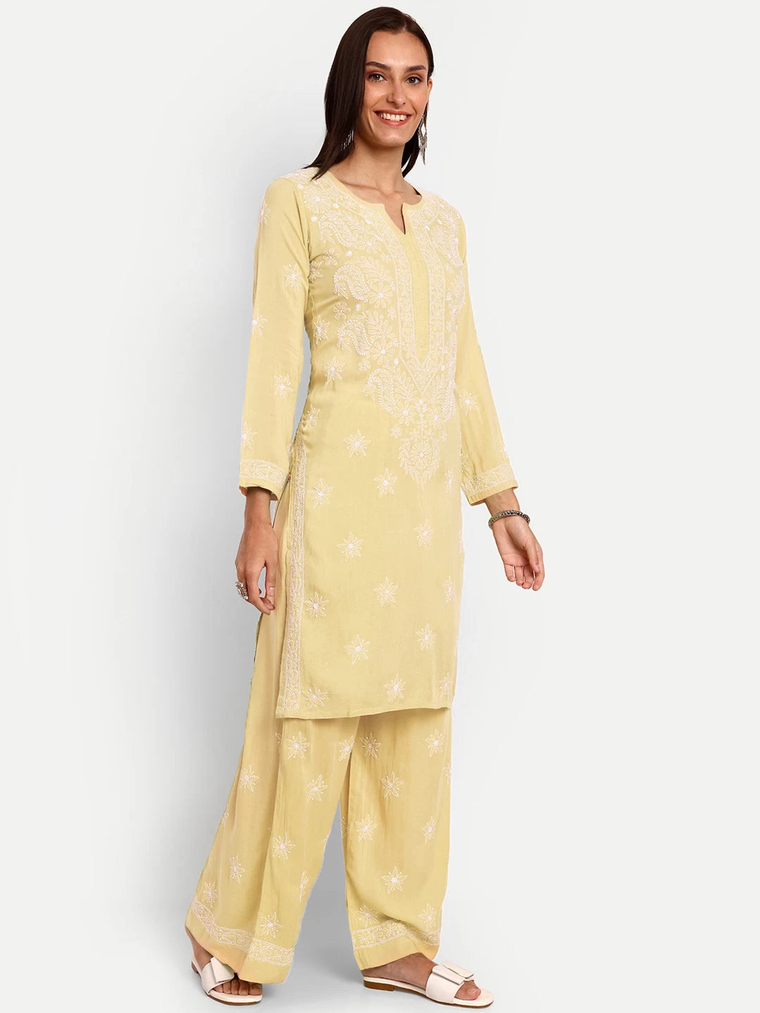 Ada Hand Embroidered Lemon Modal Lucknowi Chikankari Co-Ord Set A811234