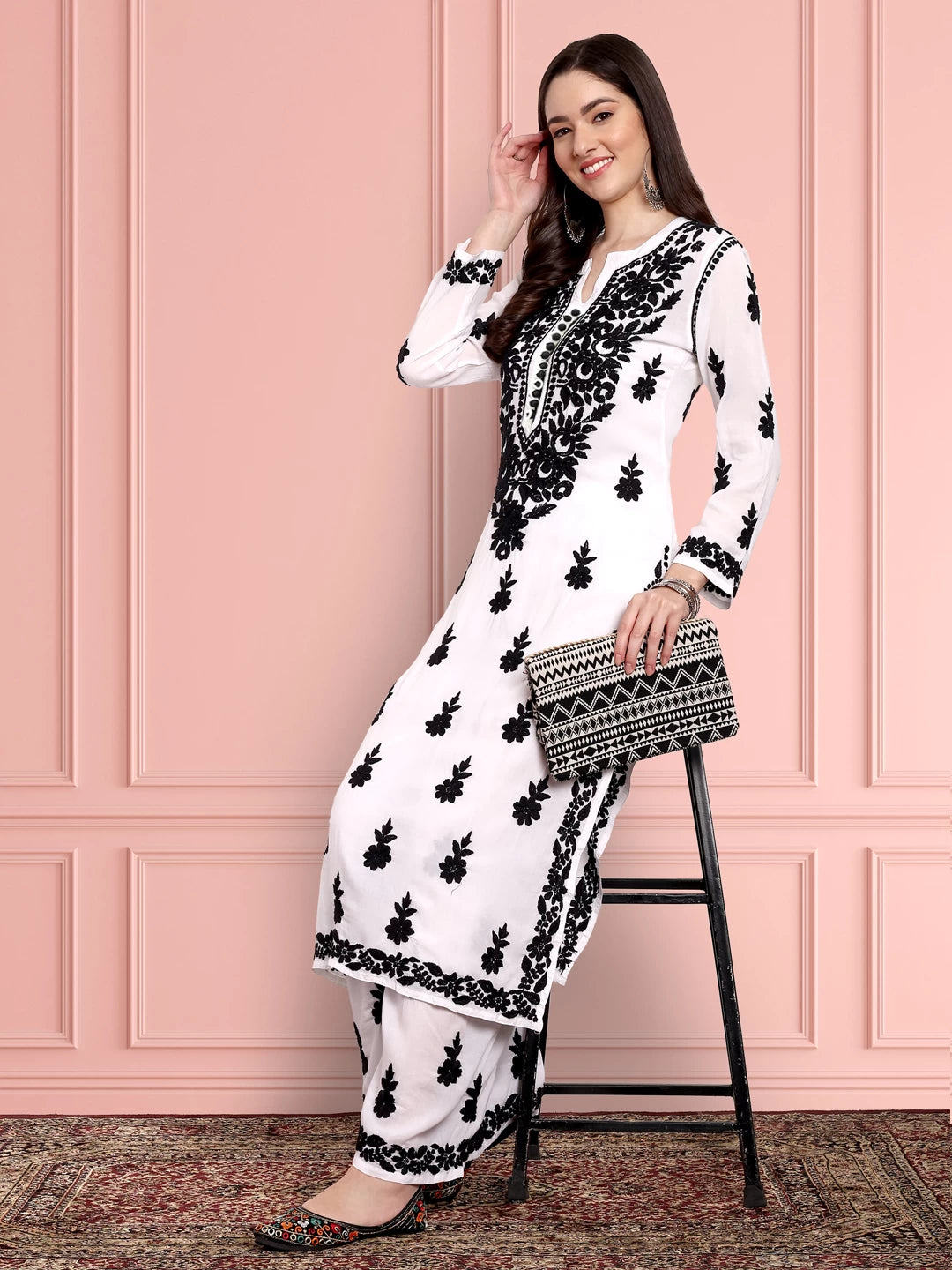 Ada Hand Embroidered White Modal Lucknowi Chikankari Co-Ord Set A811242