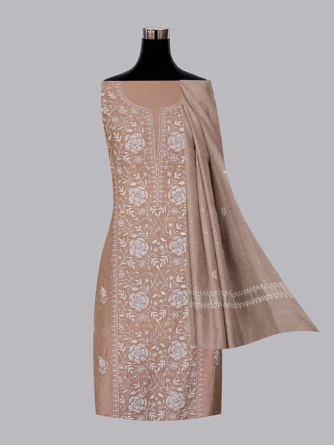 Ada Hand Embroidered Pastle Peach Tissue Lucknowi Chikankari Semistitched Kurta Dupatta Set With Cutdana Work 01A342813