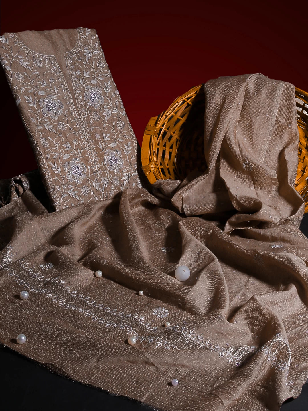 Ada Hand Embroidered Pastle Peach Tissue Lucknowi Chikankari Semistitched Kurta Dupatta Set With Cutdana Work 01A342813